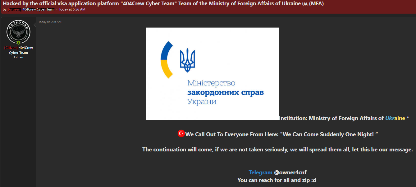 Figure 1 — Supplied screenshot showing the dark-web claim and alleged compromise message.