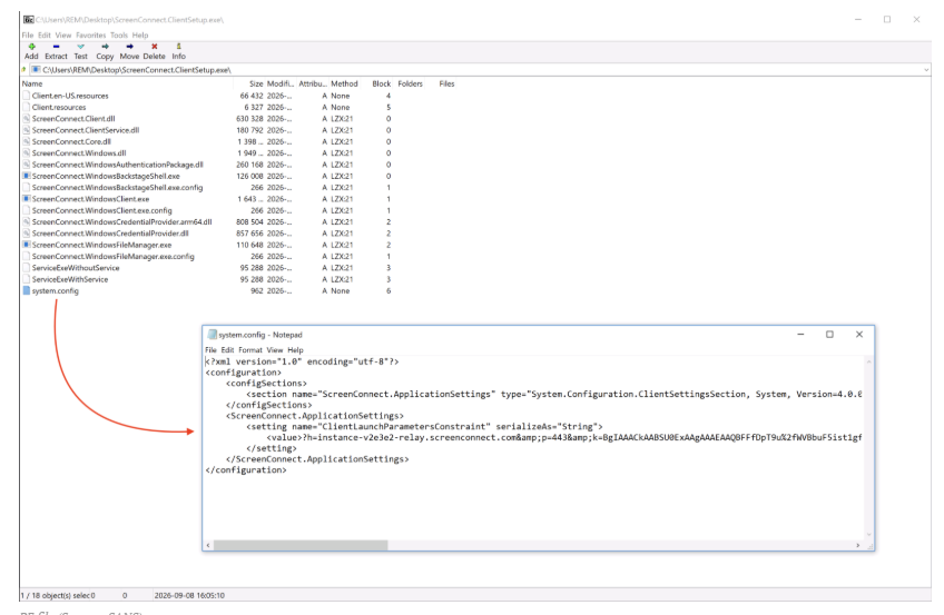 Supplied ScreenConnect ClientSetup configuration screenshot showing the embedded relay and instance configuration.