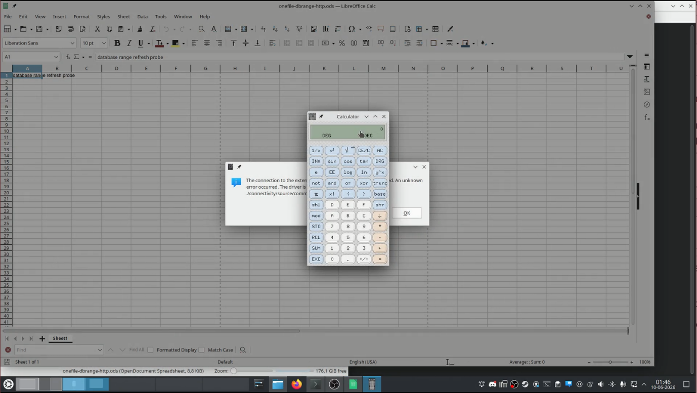 Supplied LibreOffice Calc screenshot showing the connection error/driver-loading context associated with the research input.