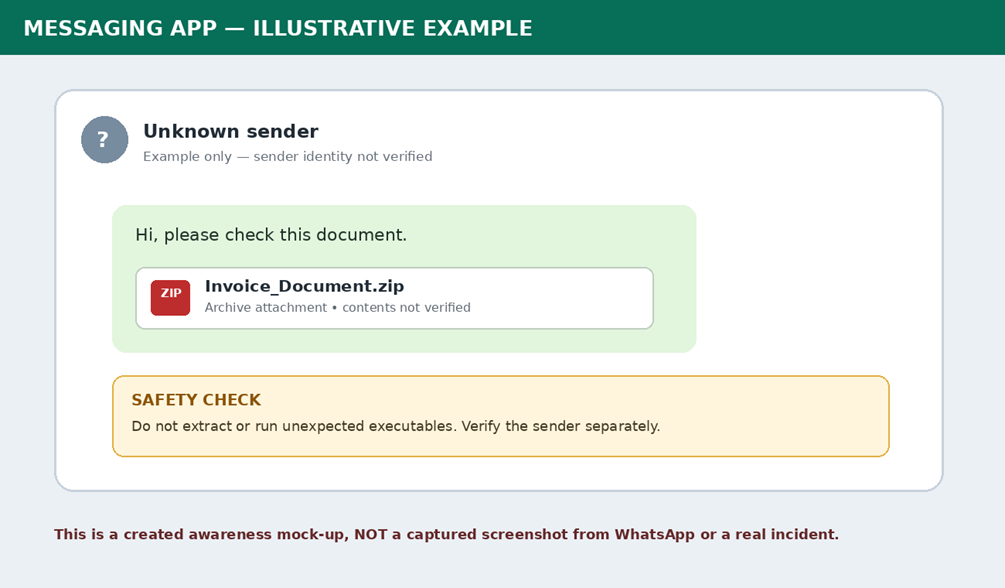 Illustrative messaging-app awareness mock-up showing an unknown sender sharing an unverified ZIP attachment and a safety warning.
